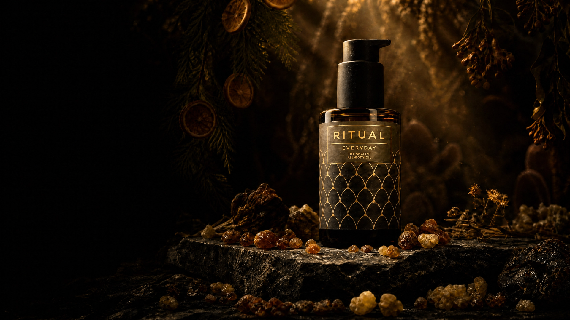 RITUAL Ancient All-Body Oil — myrrh and frankincense on dark stone